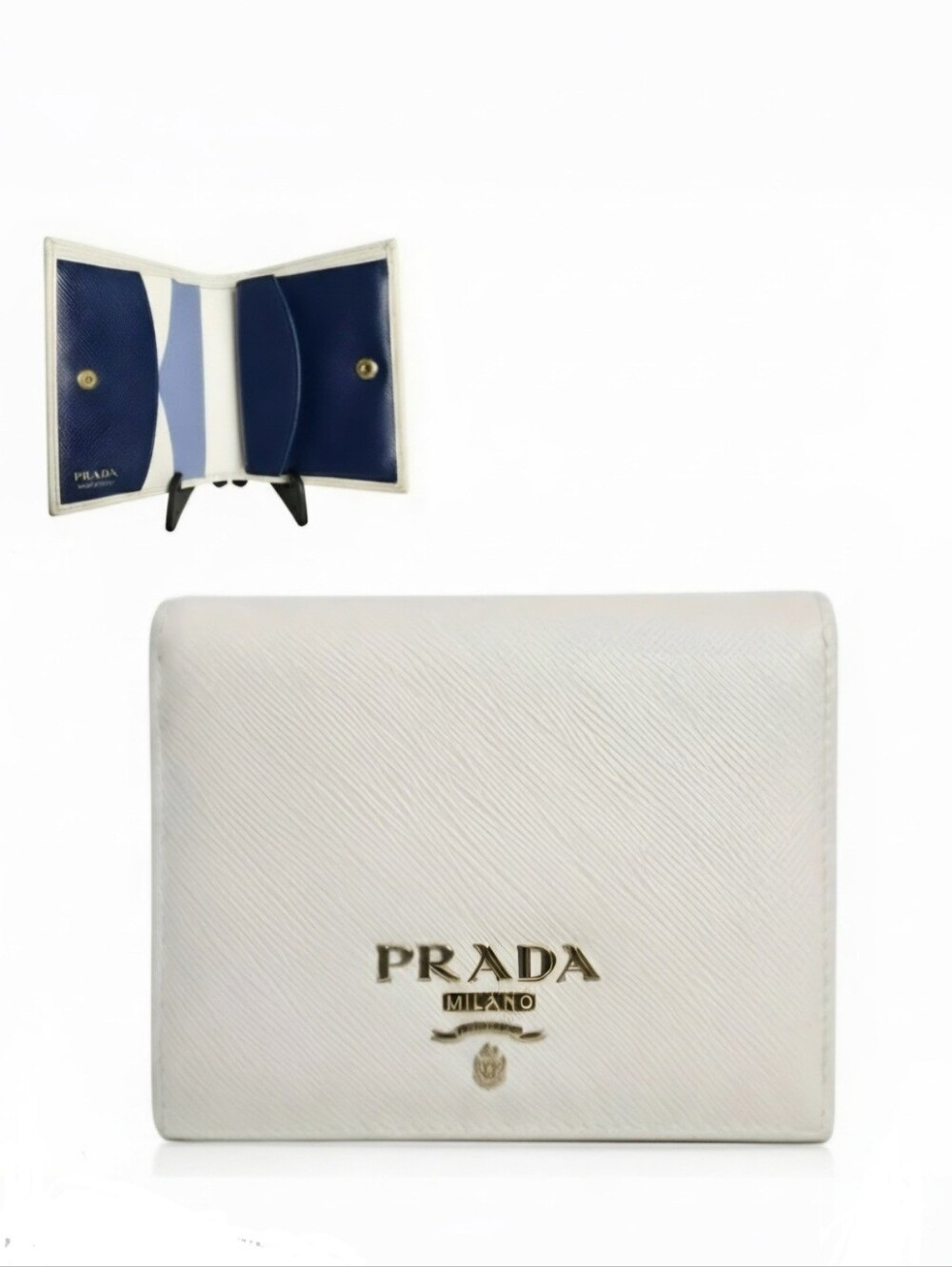 PRADA Saffiano Leather Bifold Wallet White Bluette Astrale Blue Multicolor